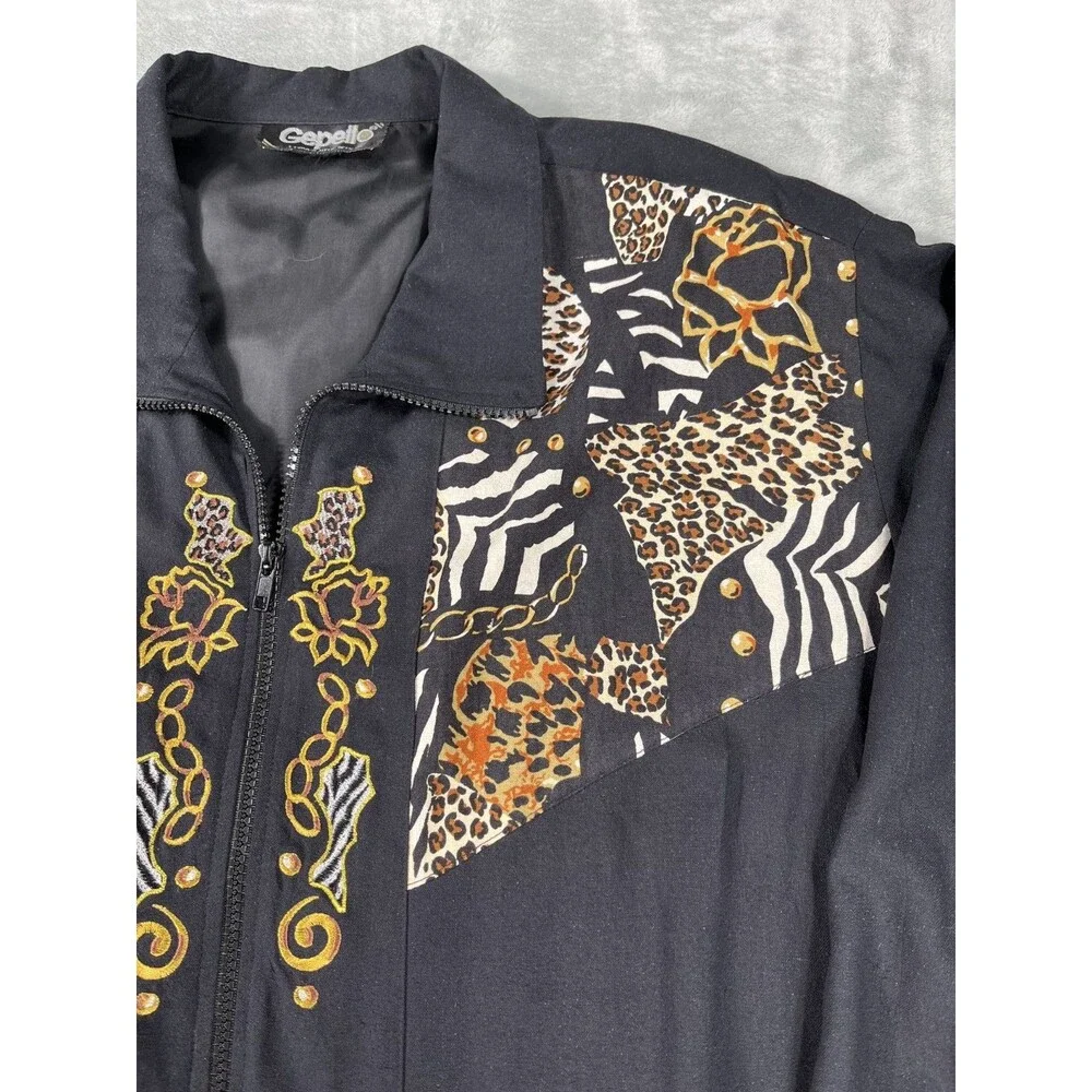 VTG Gepetto Jacket Animal Print Embroidered Gold Zebra Leopard Full Zip XL
